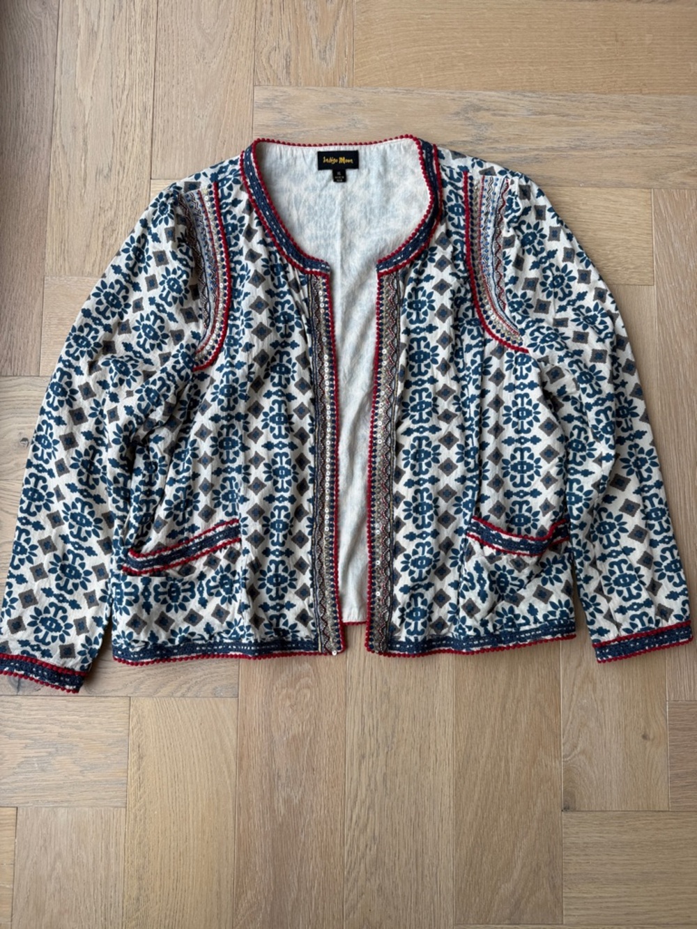 Indigo Moon Cream, Navy and Grey Ikat Cropped Jacket